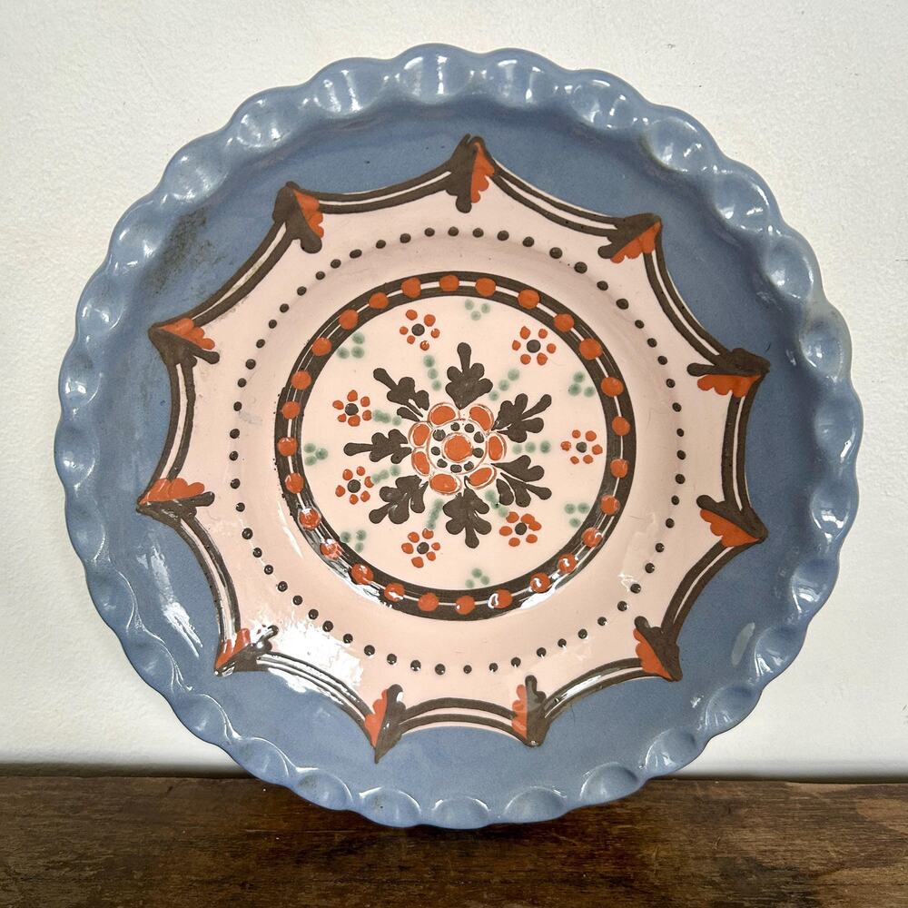 Vintage Hungarian Folk Art Pottery Hanging Bowl – Signed Feher Tibor Blue White